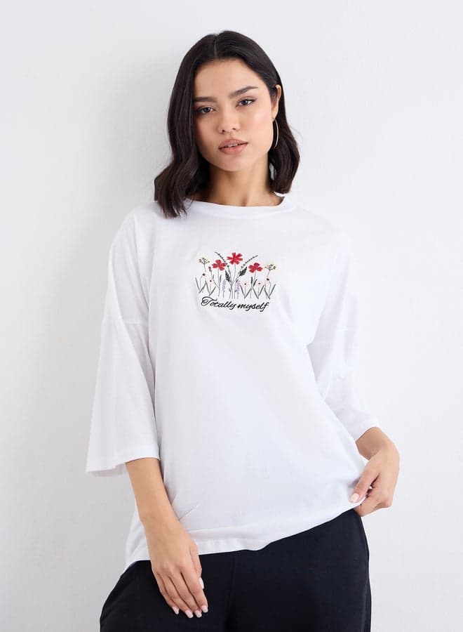 Styli Women White Embroidered Detail Oversized T-Shirt