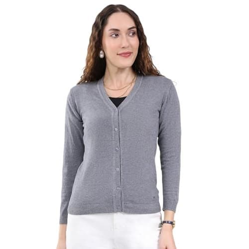 Monte Carlo Women's Regular Fit Solid V Neck Full Sleeve Cardigan| Warm Woolen Buttoned Sweater for Ladies | Stylish Knitted Cardigan for Women's Grey XL