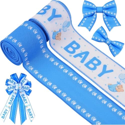 NUVCELKA Baby Shower Ribbon for Boy 25 Inch Wired Edge Blue Teddy Bear Paw Print Linen Ribbon for Diaper Cake Decoration Gift Wrapping Party Decor Baby Boy Crafts Wreath Bow DIY5 Yards Each