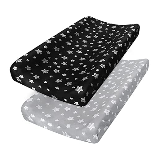 Changing Pad Cover for Boys Girls 2 Pack Lovely Print Soft Unisex Diaper Change Table Sheets Fit 32x16 Contoured Pad Comfy Cozy 2Pack Cradle Sheets Grey Black