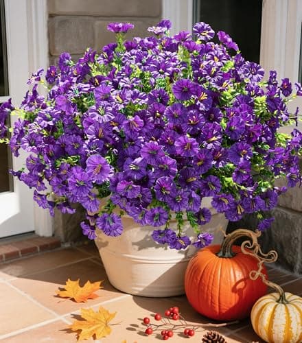 Artificial Flowers Fake Plants for Outdoors Decoration, 12 Bundles Purple Silk Morning Glory with Eucalyptus Realistic UV Resistant Faux Flowers Greenery for Outside Planter Yard Garden Home Indoor