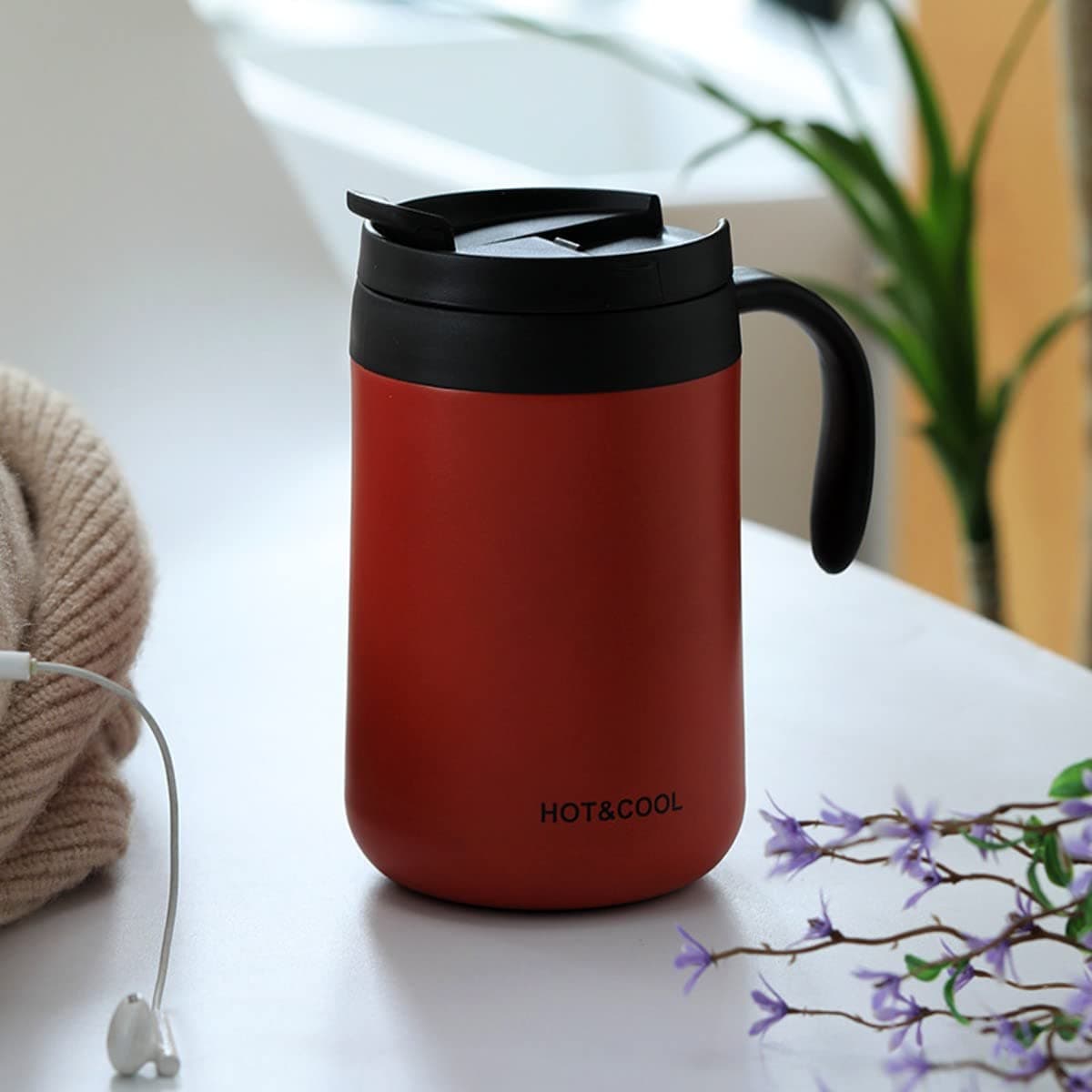 Leeonz 500ML Insulated Coffee Mug with Handle and Lid, Double Wall Stainless Steel Vacuum Insulated Tumbler Cup, Travel Coffee Cup Thermal Cup for Home and Office, Jellyfish Red