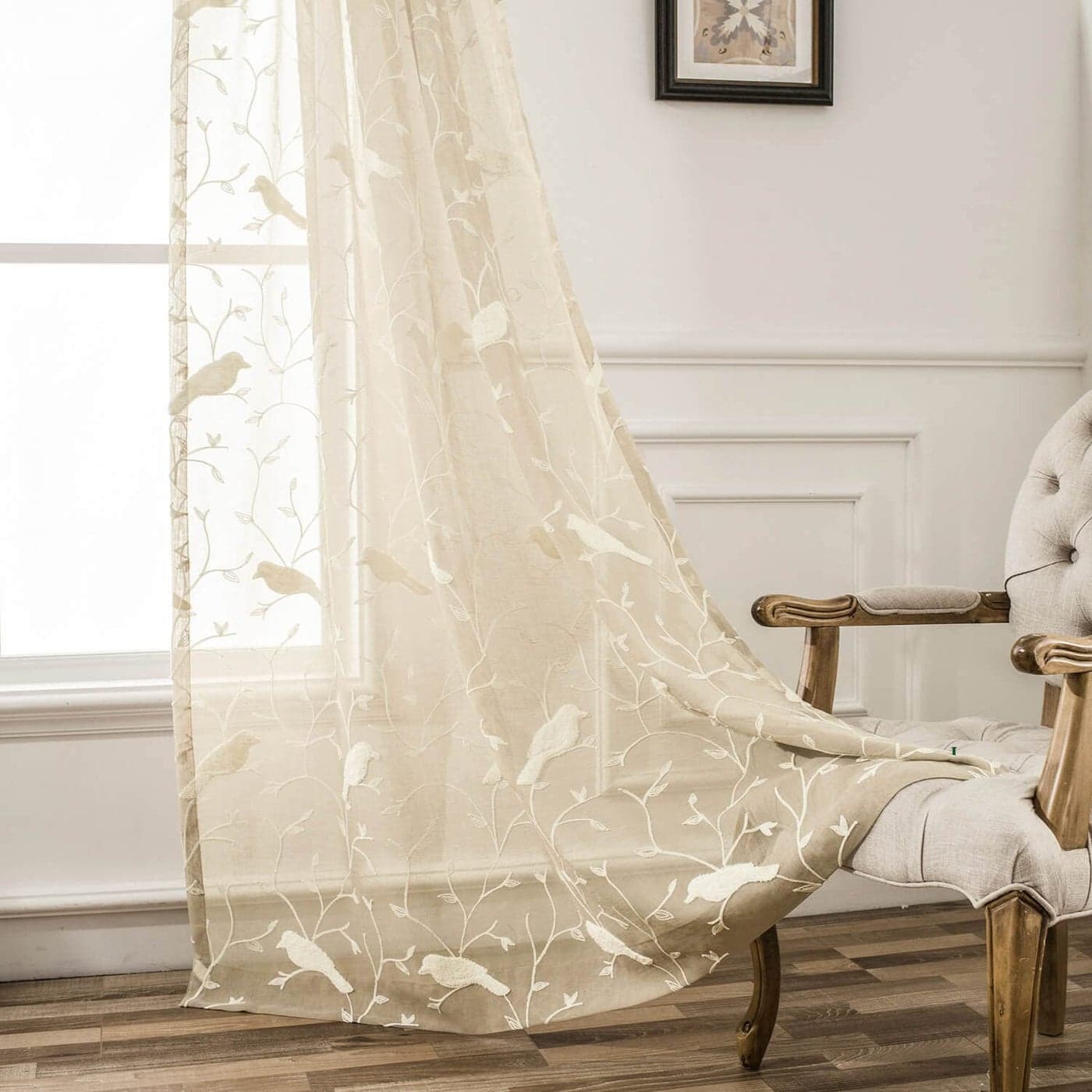 VOGOL Sheer Curtains 96 Inches Long Taupe Sheer Curtains Rod Pocket Bird Embroidered Curtains for Living RoomBedroom W60X L96 2 Pieces