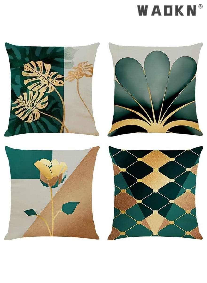 Decorative Cushion Covers, 4 Pcs Linen Leaves Throw Pillow Cases Gold Teal Farmhouse Natural Cushion Covers 18x18 inch Sofa Cushions Modern Living Room Outdoor Garden