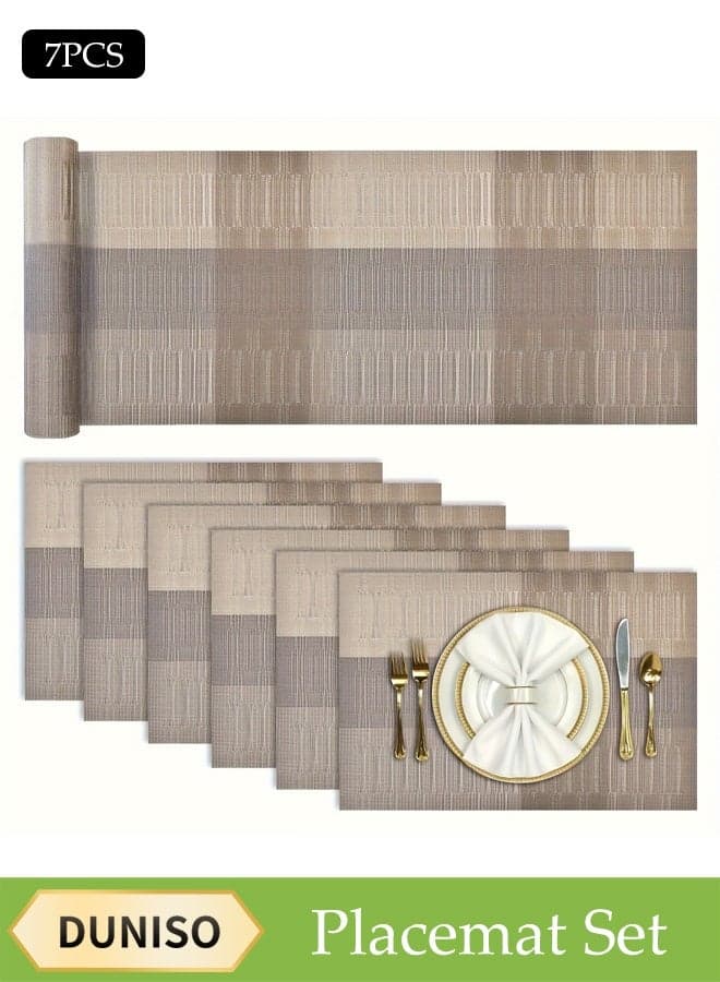 Pvc Leather Placemat Set, Square Heat-Resistant And Non-Slip Table Mat, Including One Large Placemat (30 x 180 Cm) And Six Small Placemats (30 x 45 Cm), Washable, Resistant To Oil Stains, Suitable For Home, Restaurant, Cafe