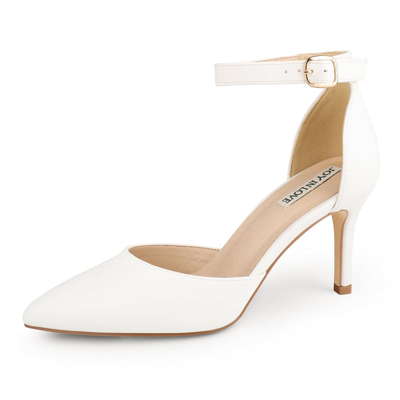 JOY IN LOVE Closed Toe Heels Pumps for Women 3IN Stiletto Pointed Toe Ankle Strap Heels White Matte US95