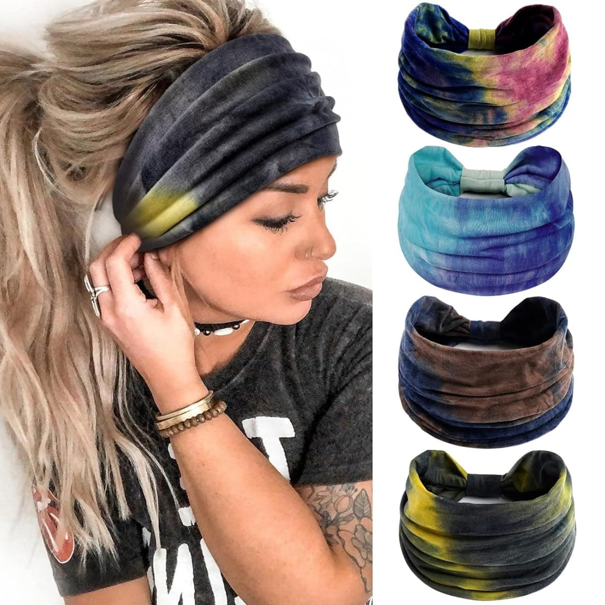 MAYCREATE 4 Pack Wide Headband for Women Stretchy Knotted Head Bands for Women Polyester Tiedye Print Hairband for Women Ladies Stylish Hair Bands Yoga Sweatband Sports Head Wraps