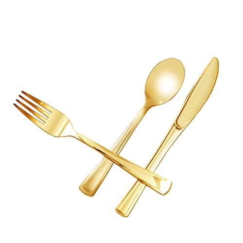 N9R 100PCS Gold Plastic Silverware - Gold Plastic Cutlery Set Disposable Flatware Dinnerware -50 Forks, 25 Spoons, 25 Knives for Party, Birthday, Wedding