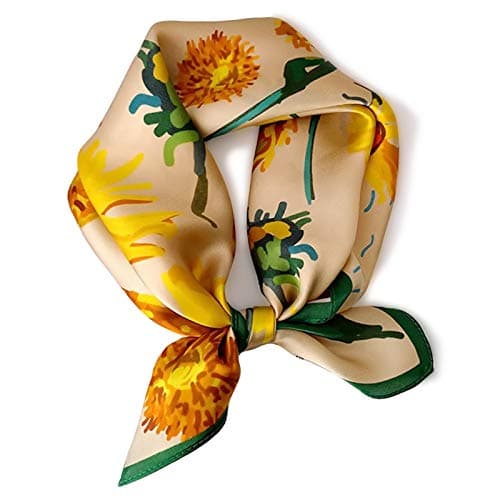 PoeticEHome 100% Real Mulberry Silk Women Small Square Neck Scarfs 21" Lightweight Neckerchief Printed Headscarf Gift Packed (V1 - Golden Chrysanthemum)