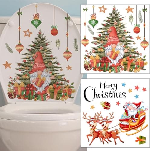 BASEMMAHER 2 Sheets Christmas Toilet Lid Stickers Decals, Christmas Tree Santa Claus Elk Bathroom Toilet Seat Wall Self-Adhesive Stickers for Xmas Home Window Clings Decorations