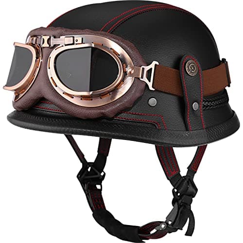 Yesmotor Motorcycle Half Helmet Retro German Handmade Leather Half Face Quick Release Buckle & Goggles - DOT Approved (Black & Red Line, XL)