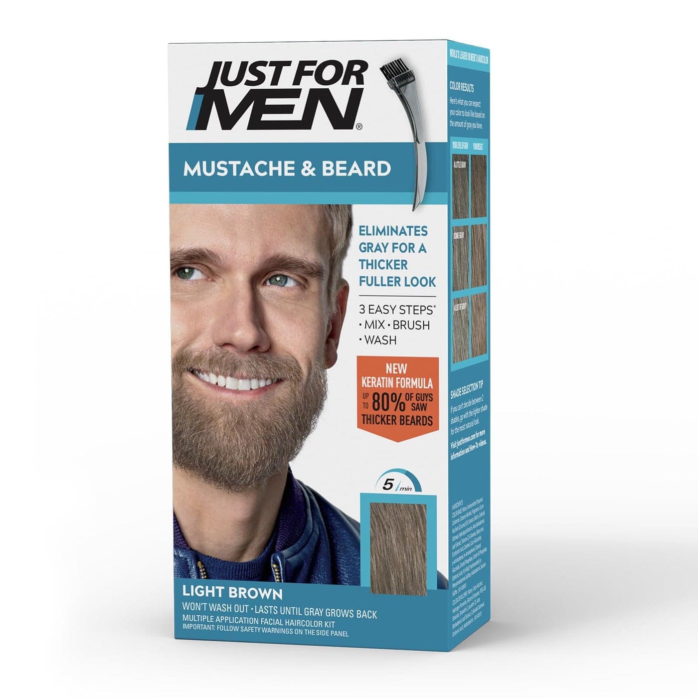 Just For Men Mustache Beard Beard Dye for Men with Brush Included With Keratin Biotin Aloe and Coconut Oil for Healthy Facial Hair Light Brown M25 Pack of 1 Packaging May Vary