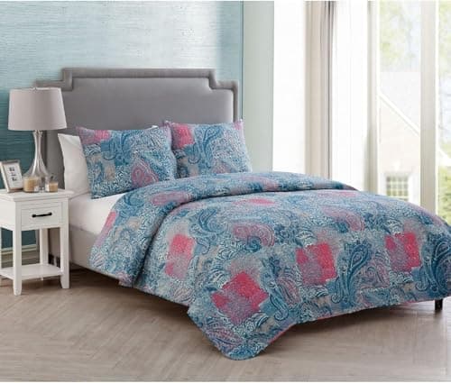 VCNY Home Reversible Bedding with Matching Shams, Cozy Room Decor, Full/Queen, Ava Blue