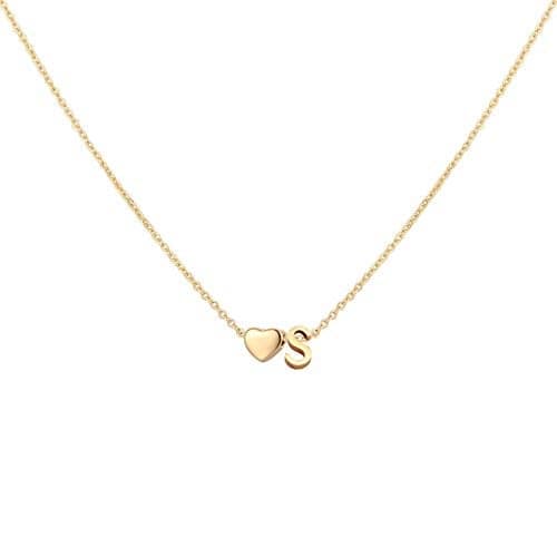 Glimmerst Initial Heart Necklace 18K Gold Plated Stainless Steel Tiny Heart Letter S Necklace Personalized Monogram Name Necklace for Women