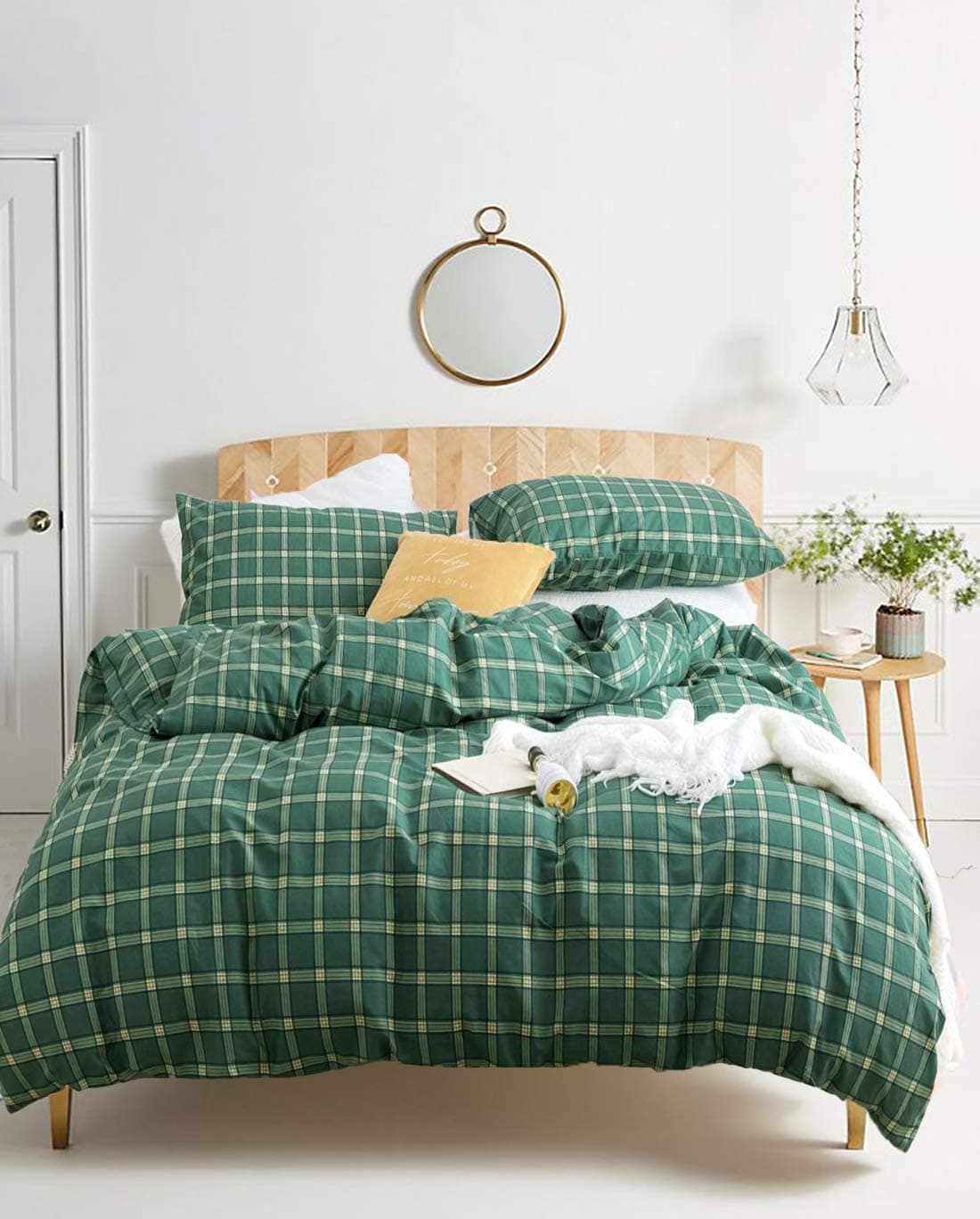 Houseri Green Comforter Set Queen Plaid Grid Bedding Emerald Forest Jade Green Yellow Buffalo Checkered Men Boys Girl Vintage Style