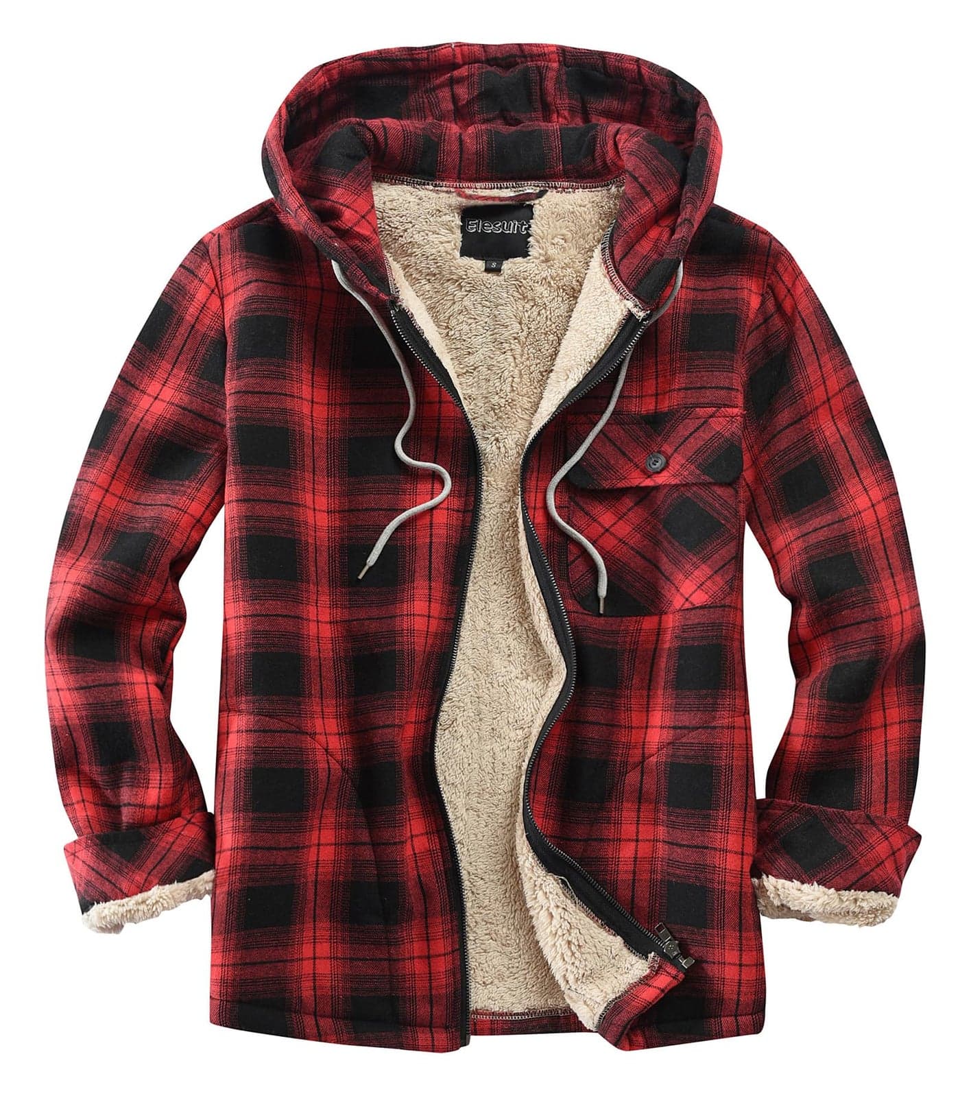 Elesuit Mens All Cotton Flannel ShirtLong Sleeve Casual Zip Up Plaid ShirtBrushed Soft Outdoor Shirts Red Small