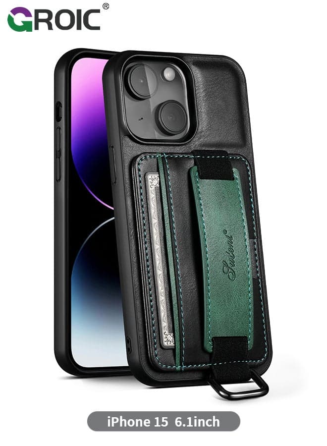 Design for iPhone 15 Phone Case with Adjustable Wrist Strap Kickstand Protective Cover,Card Slot Slim Shockproof Phone Shell for iPhone 15 6.1 inch