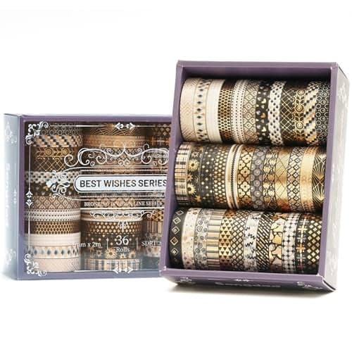Songdao 36 Rolls Skinny Washi Tape Set Gold Foil Detailing Arts Adhesive Tapes Basic Patterns Decorative Masking Tape Sets for Craft Kids Scrapbook DIY Gift Wrapping Black Gold