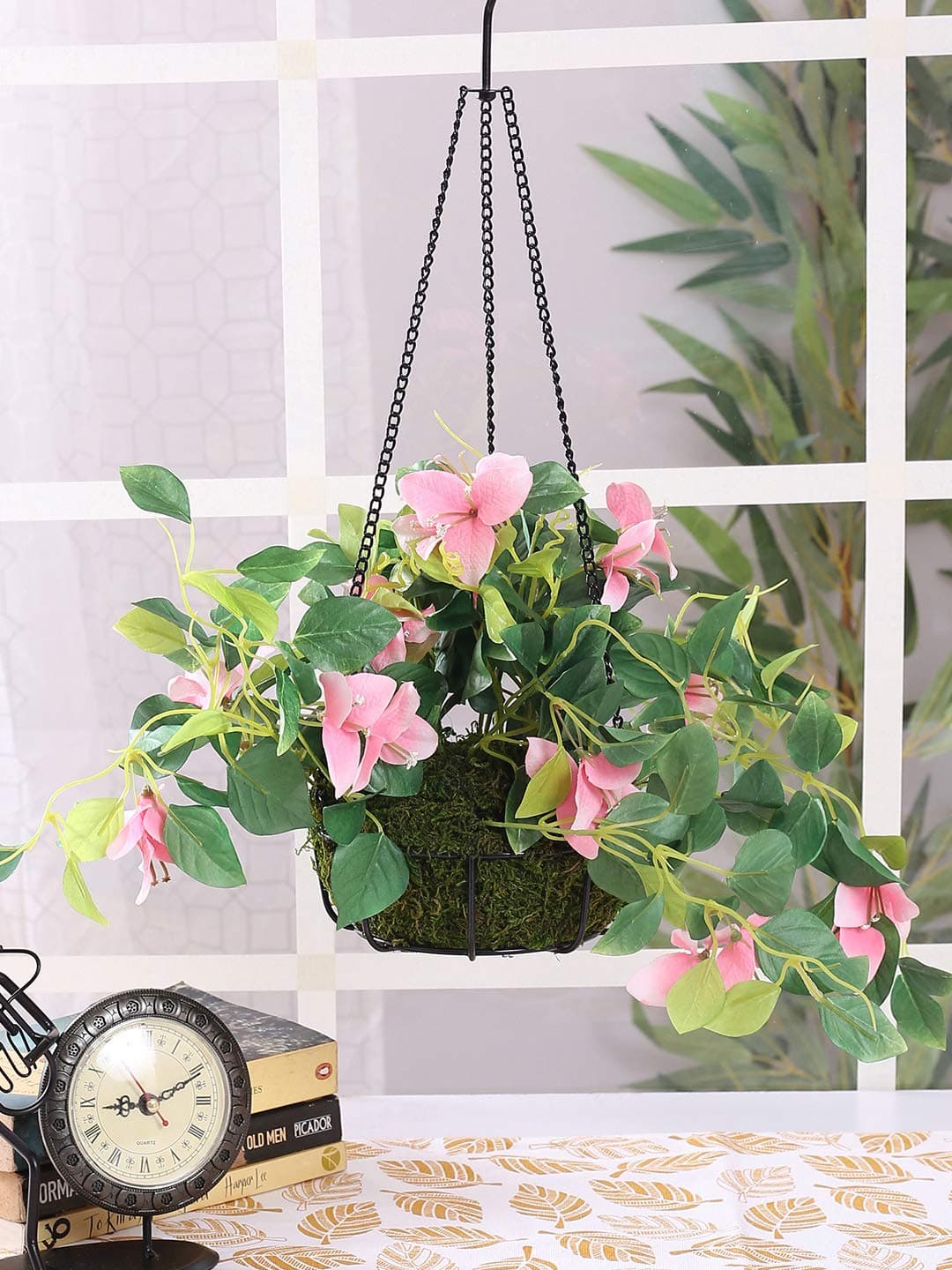 Fourwalls Decorative Polyester Artificial Bougainvillea Plant with Hanging Basket 40 cm Pink Hanging 23 CM Bougainvillea 1580PK