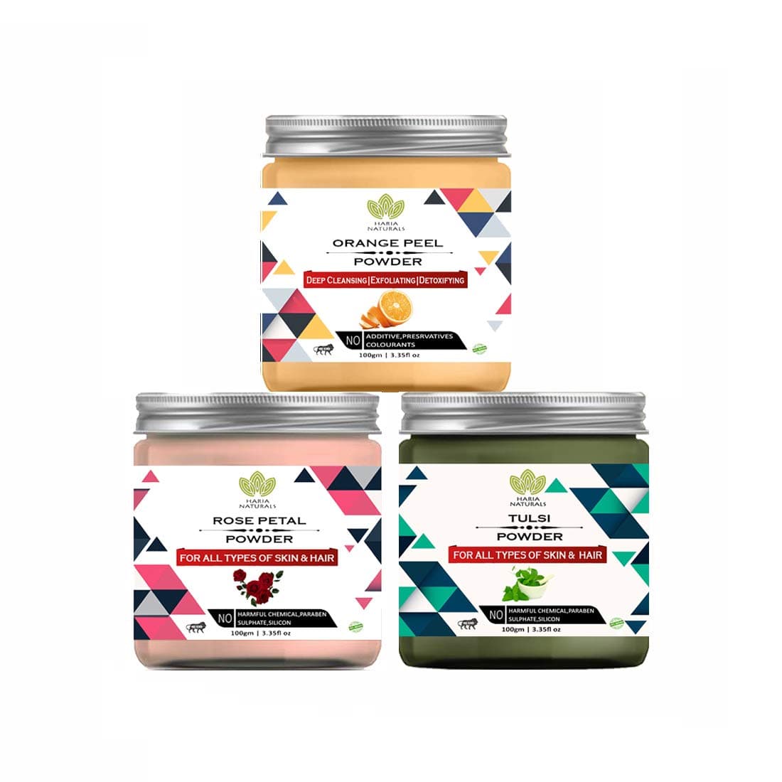 Haria Naturals 100 Pure Naturals Orange Peel Powder 100gm Rose Petal Powder 100gm Tulsi Powder 100gm Pack Of 3 300GM