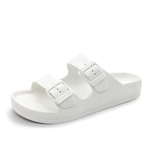 FUNKYMONKEY Men's Comfort Slides Double Buckle Adjustable EVA Flat Sandals (10 M US, White/SPK)