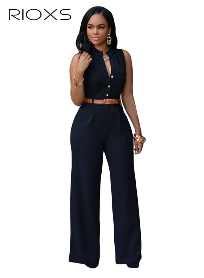 Women's One Piece Jumpsuits, Dressy Casual V-Neck Sleeveless Wide Leg Pants with Pockets, Elegant Haigh Waist Button Down Romper with Belt for Ladies, Summer Jumpsuit Rompers for Business Office