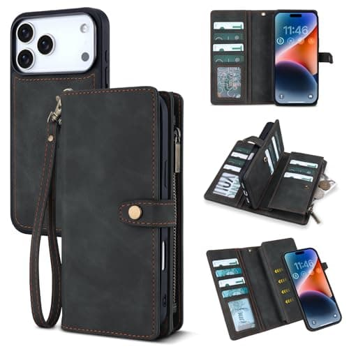 TwoHead Wallet Case Compatible with iPhone 17 Pro Max,Detachable,Magnetic,11 Cards Holder,PU Leather All-Round Protective Phone Case with Change Pocket(6.9 in,Black)