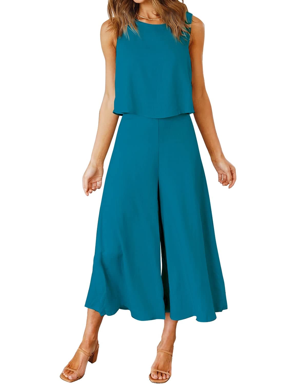 ROYLAMP Women's Summer 2 Piece Outfits Round Neck Crop Basic Top Cropped Wide Leg Pants Set Jumpsuits Lake Blue S
