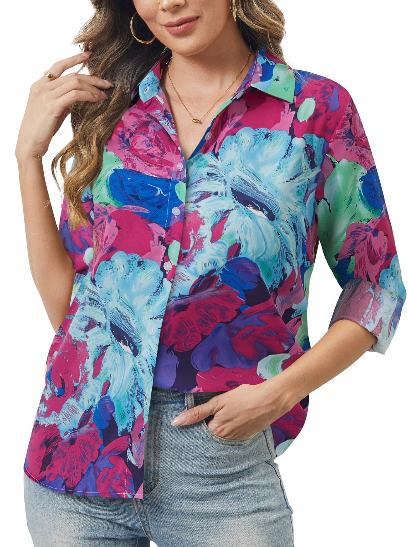 hearain Womens Casual Tops Button Down Long Sleeve Shirts Trendy Dressy Casual Print Blouses Purple Blue Size S