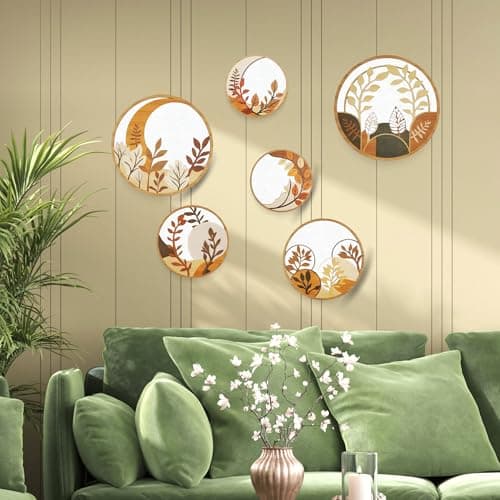 Nozvera Botanical Wall Art Set of 6 – Modern Round Prints with Minimalist Leaf and Nature Designs in Warm Earth Tones – Boho Aesthetic Home Decor for Living Room or Bedroom