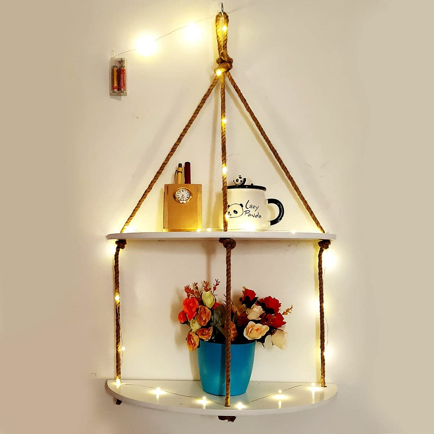 VAH Wood Half Oval White 2 Layer Wall Hagning Shelf Wall Floating Shelf with LED Light