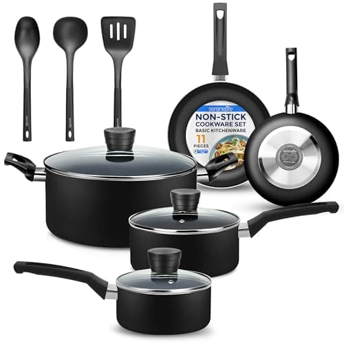 SereneLife Kitchenware Pots & Pans Basic Kitchen Cookware, Black Non-Stick Coating Inside, Heat Resistant Lacquer (11-Piece Set), One Size, Black