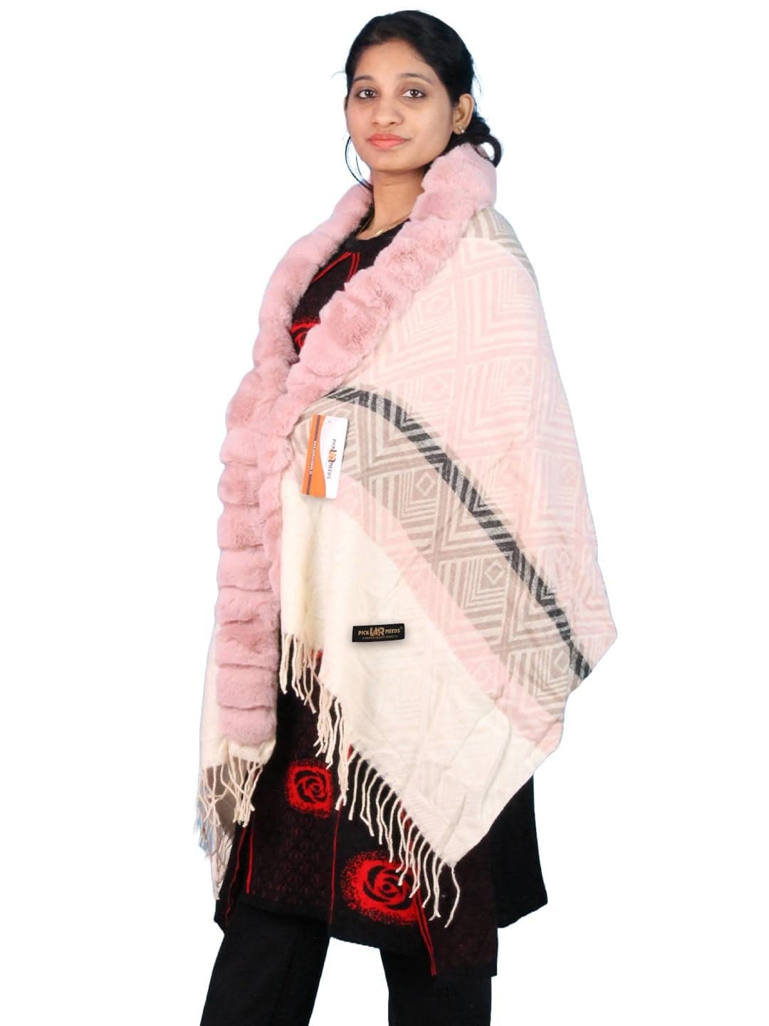 Pick Ur Needs Elegant Winter Soft & Warm Woolen Shawl with Faux Fur Border Multi Color Pattern Scarf (Pink 3)