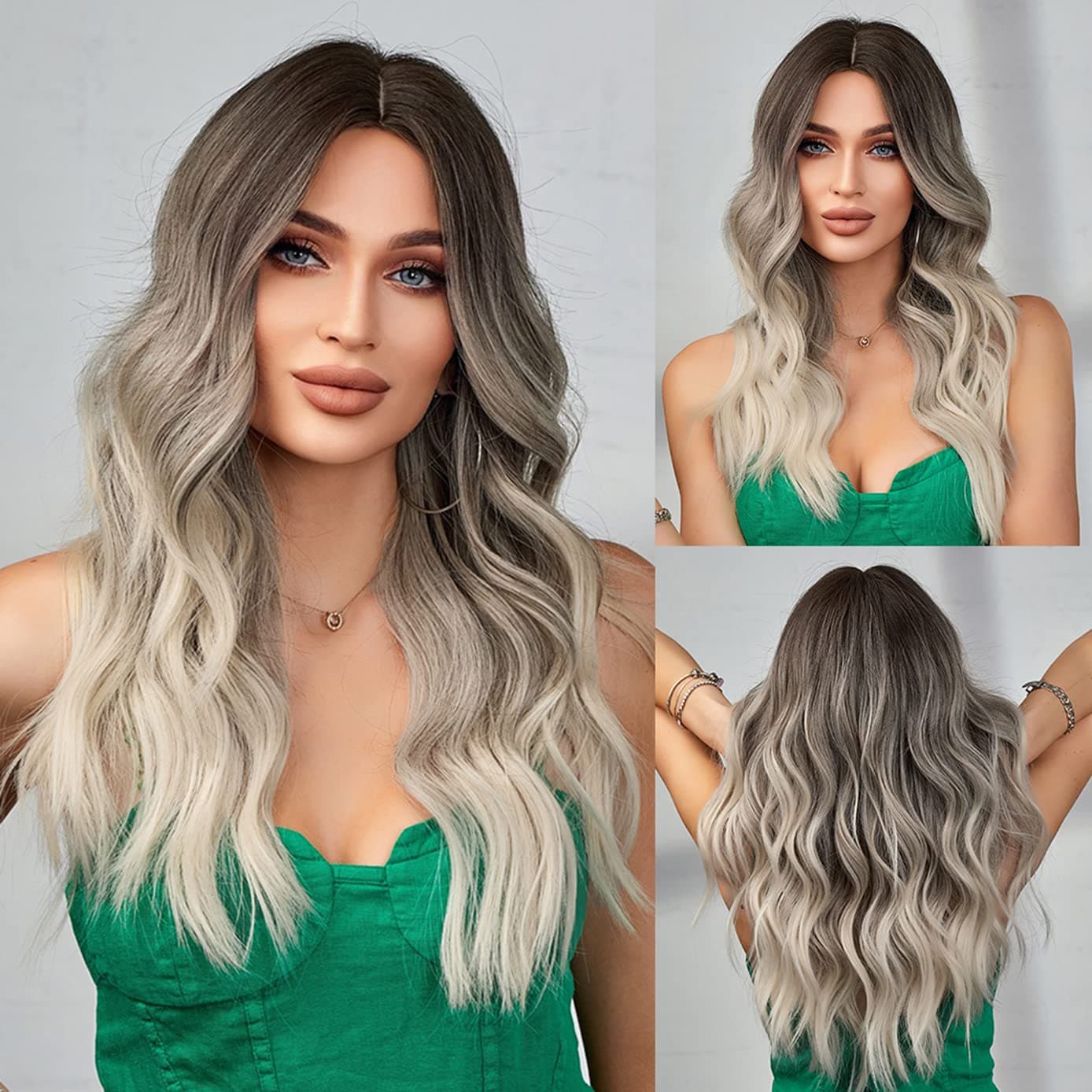 BERON Blonde Ombre Wigs Long Wavy Wig for Women Platinum Curly Heat Resistant Synthetic Hair Wigs for Daily Used with Wig Cap