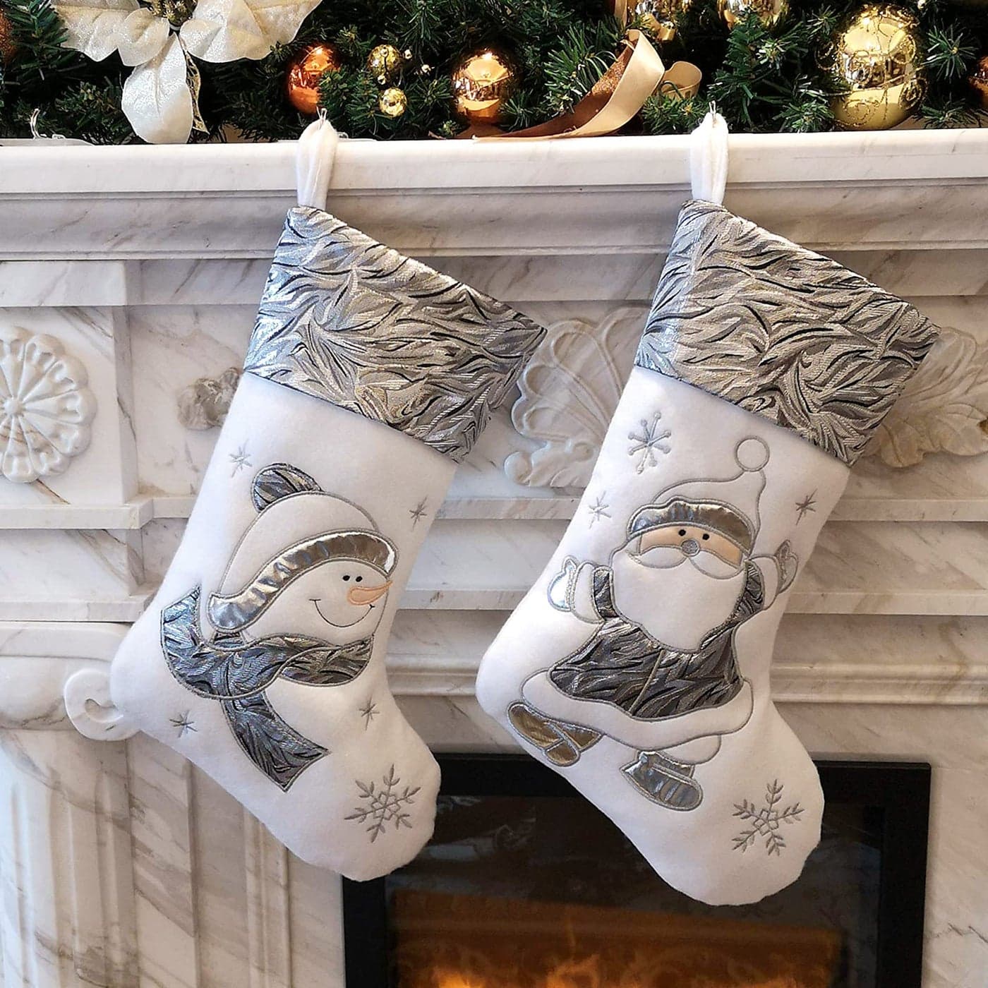 WEWILL Classic White Silvery Christmas Stockings Set of 2 Santa Snowman Xmas Character Fireplace Hanging Stockings 17 inches for Holiday Party Family