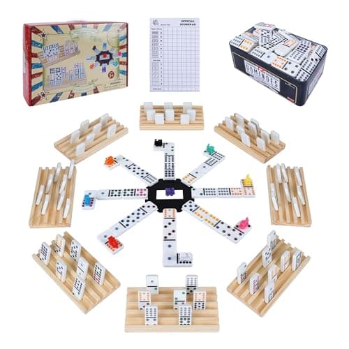 Gonoelec Double 12 Mexican Train Dominoes Set for Adults with 8PCS Wooden Holders 9 Train Markers 91 Color Dot Tile Dominos in Tin Box Hub Classic Family Board Game Set Party Toy Gift for Kids