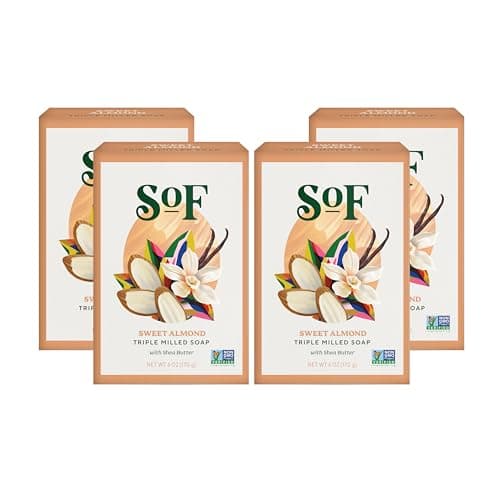 SoF Triple Milled Bar Soap With Coconut Oil Organic Shea Butter Vegan Non GMO Free From Phthalates Sulfates Parabens Sweet Almond 6 oz Bar 4 Bars