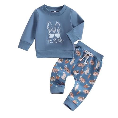Easter Outfits for Toddler Boys Girls Rabbit Bunny Sweatshirts Pants Infant Baby Girl Boy Fall Winter Clothes (Blue Rabbit, 18-24 Months)