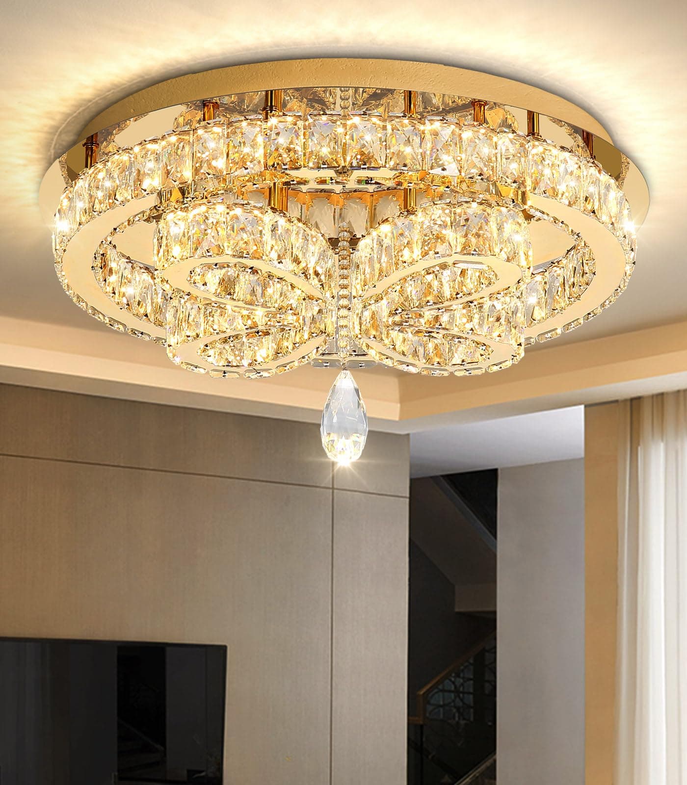 dolria 20'' Modern Crystal Chandelier LED Dimmable Flush Mount Ceiling Light Pendant Light for Living Room Bedroom Dining Room Gold Light Fixture