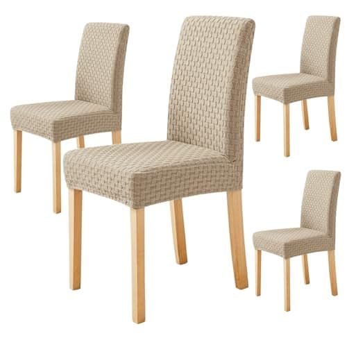 House of Quirk Stylish Jacquard Dining Chair Cover – 220 GSM Stretch Fabric, Universal Fit Short Seat Slipcover, Removable & Washable Protector (Khaki, Pack of 4)