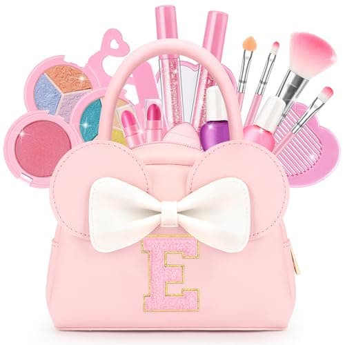 Kids Real Makeup Kit for Girls 18Pcs NonToxic Washable Make Up Toys with Initial Toddler Purse Personalized Birthday Gifts for Age 3 4 5 6 7 8 9 10 Years Old Girls Vanity Set E