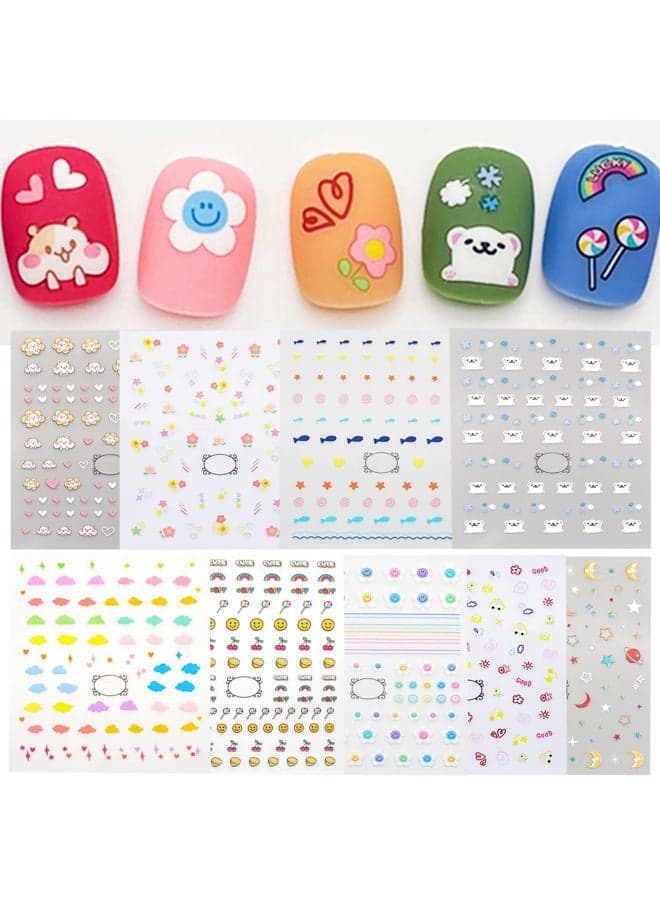 Cute Nail Stickers for Kids Including Animals Flowers Cloud Star Heart and More Self Adhesive Fingernail Decal Stickers for Little Girls Women Nail Art Decoration Fun (Pack of 9)