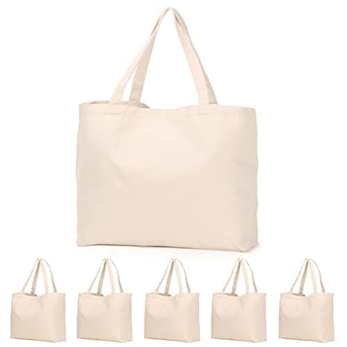Koolmox Canvas Grocery Bag, 6-Pack 22'' Large Bags with Reinforced Handles, 12 Oz Heavy Duty Reusable Washable Grocery Shopping Bags Plain Totes for Teacher Paint Embroidery Draw DIY Art Craft Totes