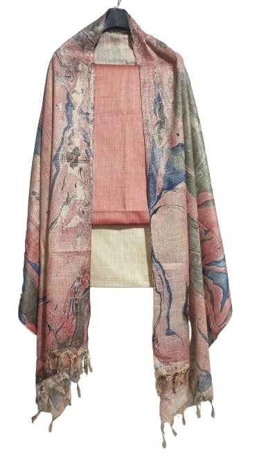 HAIDER ALI Handloom Cotton Silk Unstitched Salwar Suit Set for Women with Marble Print Dupatta | Dress Material for Women & Girls (Peach)