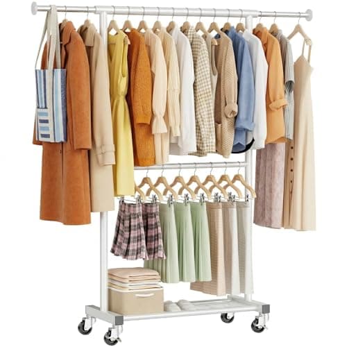 MWQ Standard Clothes Rack, Rolling 50“L Clothing Garment Rack with Mesh Shelves on Wheels, Portable Wardrobe Rack for Bedroom, Laundry Room, White