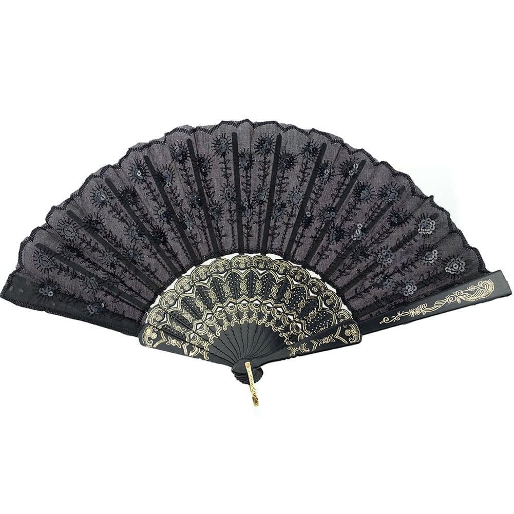 INNOLIFE Elegant Embroidered Flower Peacock Pattern Sequin Fabric Folding Handheld Hand Fan HandCrafted Black