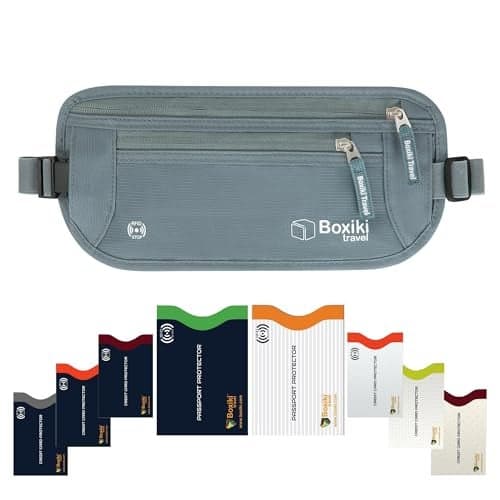 Boxiki Travel Gray Money Belt RFID Sleeves Set of 8 Pcs RFID Blocking Secure Waist Bag Credit Card Holders Passport Holders for Men and Women Keep Your Travel Essentials in Reach