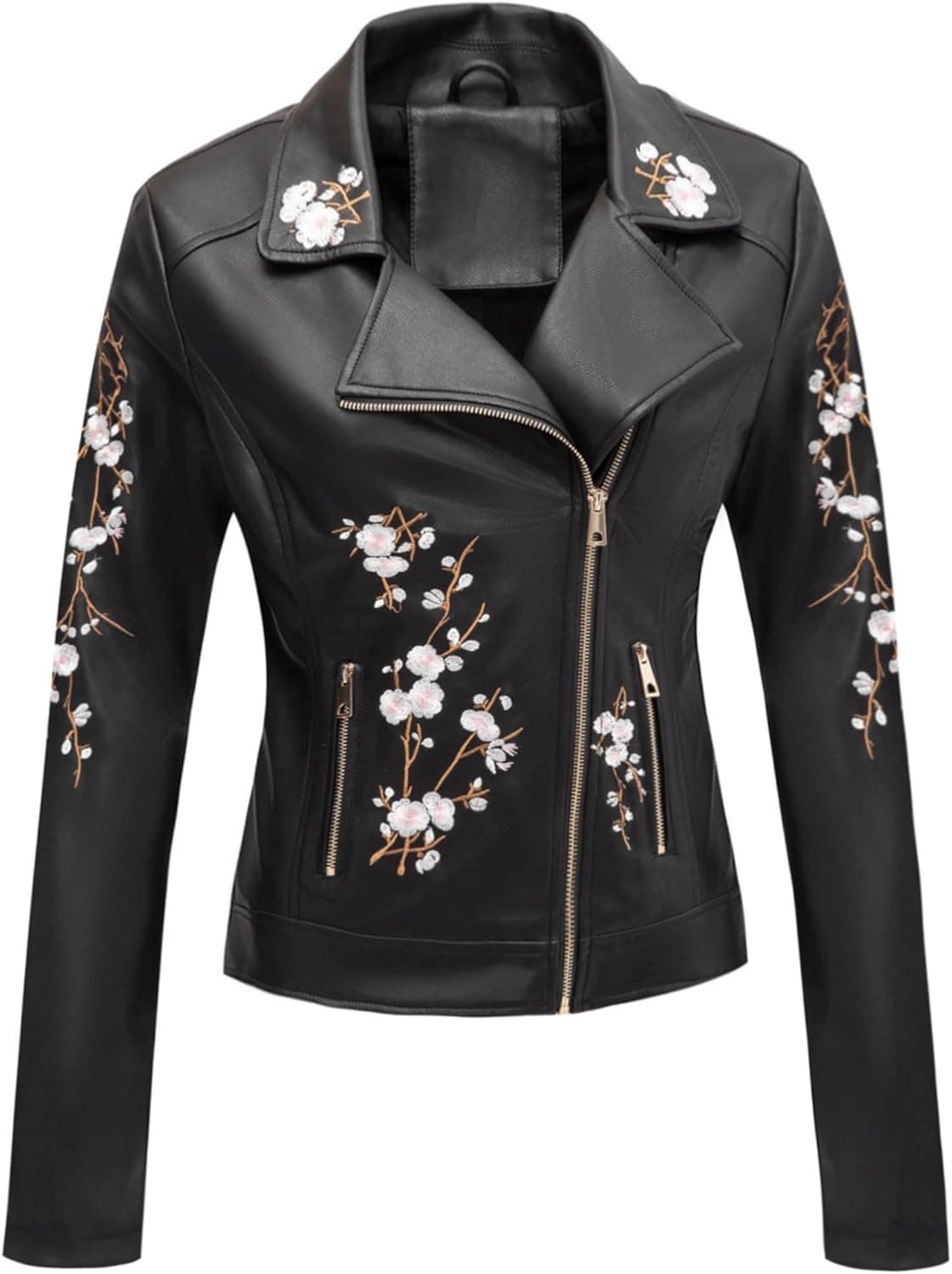 Bellivera Women's Faux Leather Floral Moto Biker Jacket, Black, XL
