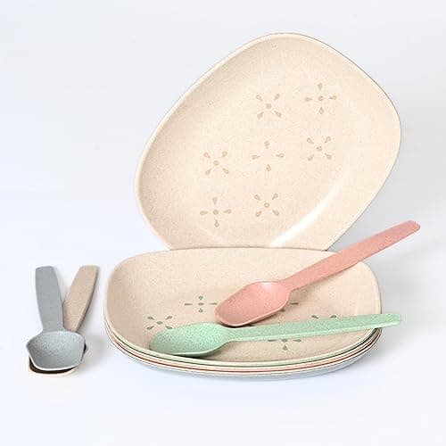 Eha Earth-Friendly Small Snack Serving Plates Set of 4 with Spoons | 6 inch | Small Snack Plates Made with Bamboo Fibers & Rice Husk Fiber | Microwave Safe | Dessert Plates | Multicolor