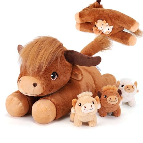 gnomantic 4 Pieces Highland Cow Stuffed Animals 1 Mommy Stuffed Highland Cow with 3 Babies Brown Cow Gifts for Girls Age 38 Cows Plush Toys for Christmas Valentines Birthday Gifts Brown